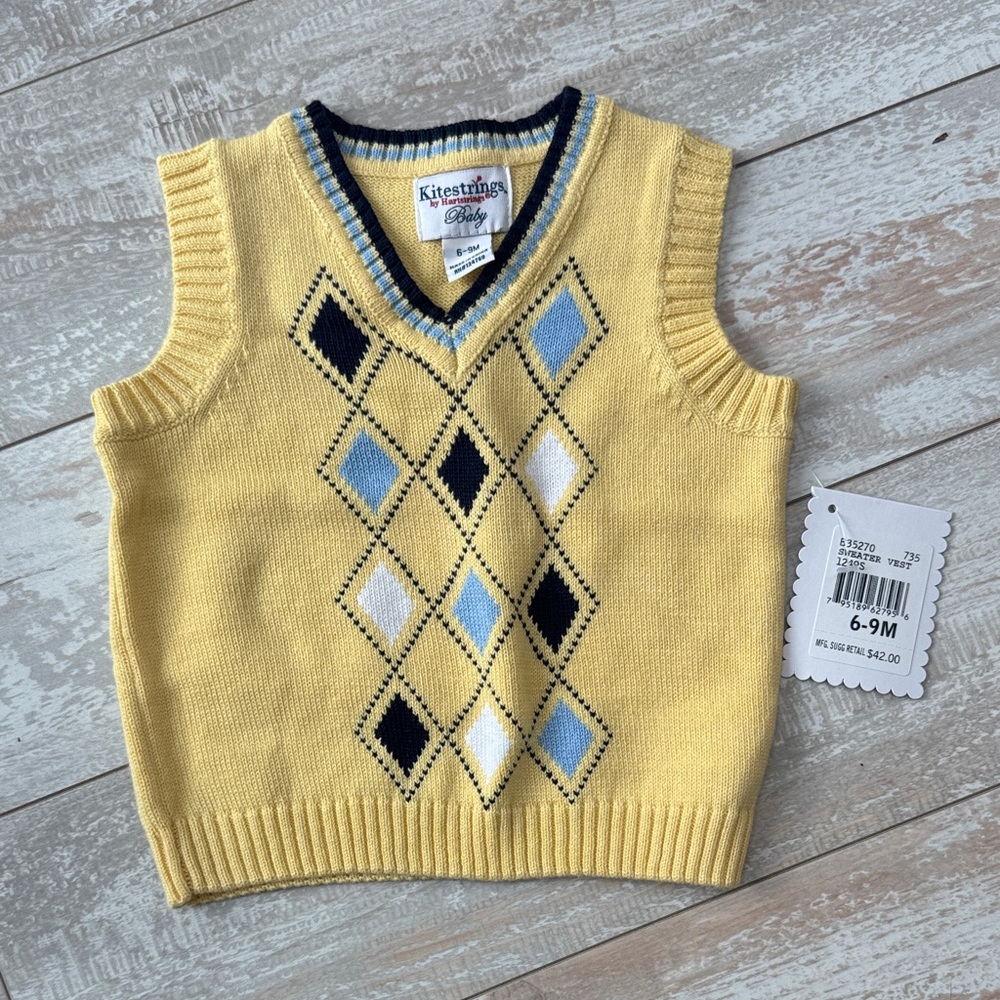 NEW Vintage Kitestrings by Hartstrings Yellow Argyle Knit Vest for Infants‎